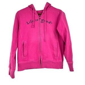 Life is Good spell out bright pink zip up y2k hoodie pockets women's size small